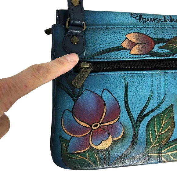 Anuschka NEVER USED Handpaint Leather Small Cross Body Bag Bird Blue - Picture 14 of 16